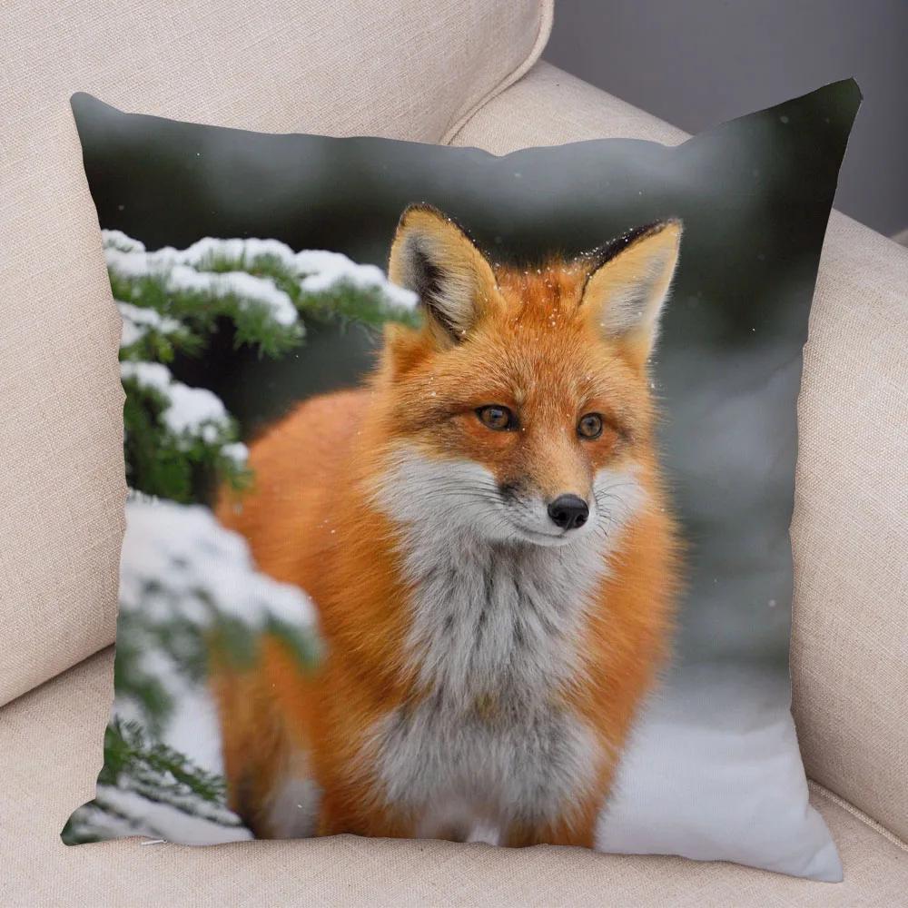 Cute Wild Fox Print Pillowcase Decorative  Animal  Polyester Cushion Cover for Sofa Home Car