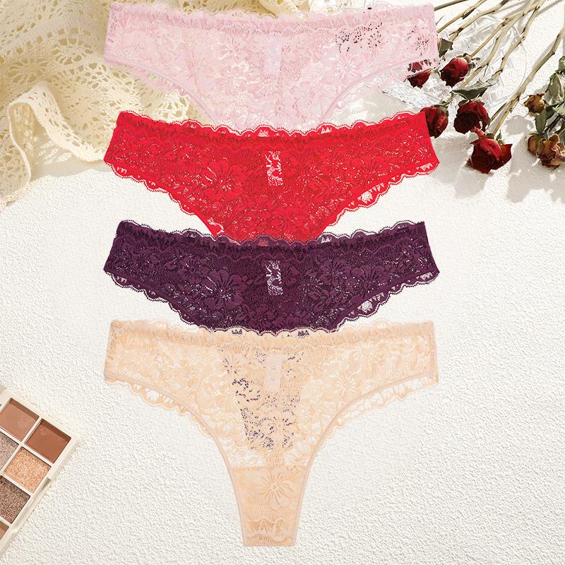 4Pcs/Set Perspective Lace Panties Hollow Out Low-waist Underwear Thongs Female Underpants Breathable Lingerie Intimates