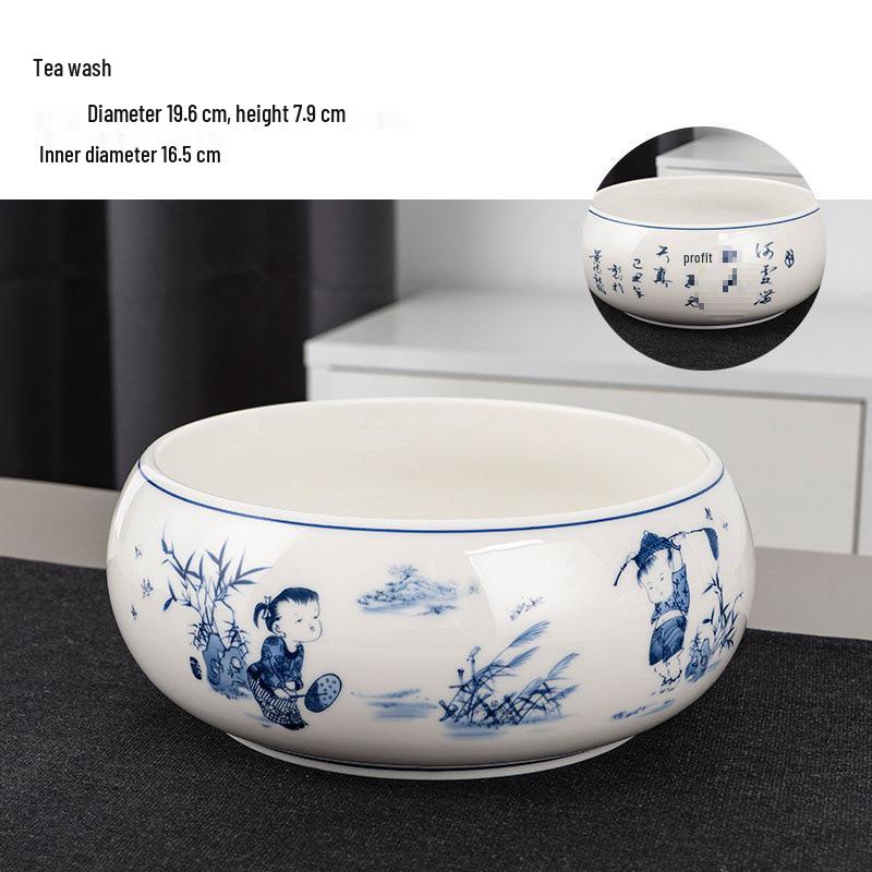 Large Chinese Style Blue and White Porcelain Tea Wash Basin and Cup Washer with Lan Ting Xu Calligraphy - Retro Ceramic Brush Washer