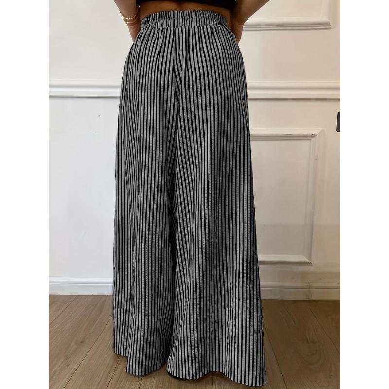 Fashion Striped Elastic Waist Straight Leg Wide Leg Pants Women Elegant Casual Loose Long Pants Spring Autumn Printed Simple Clothing