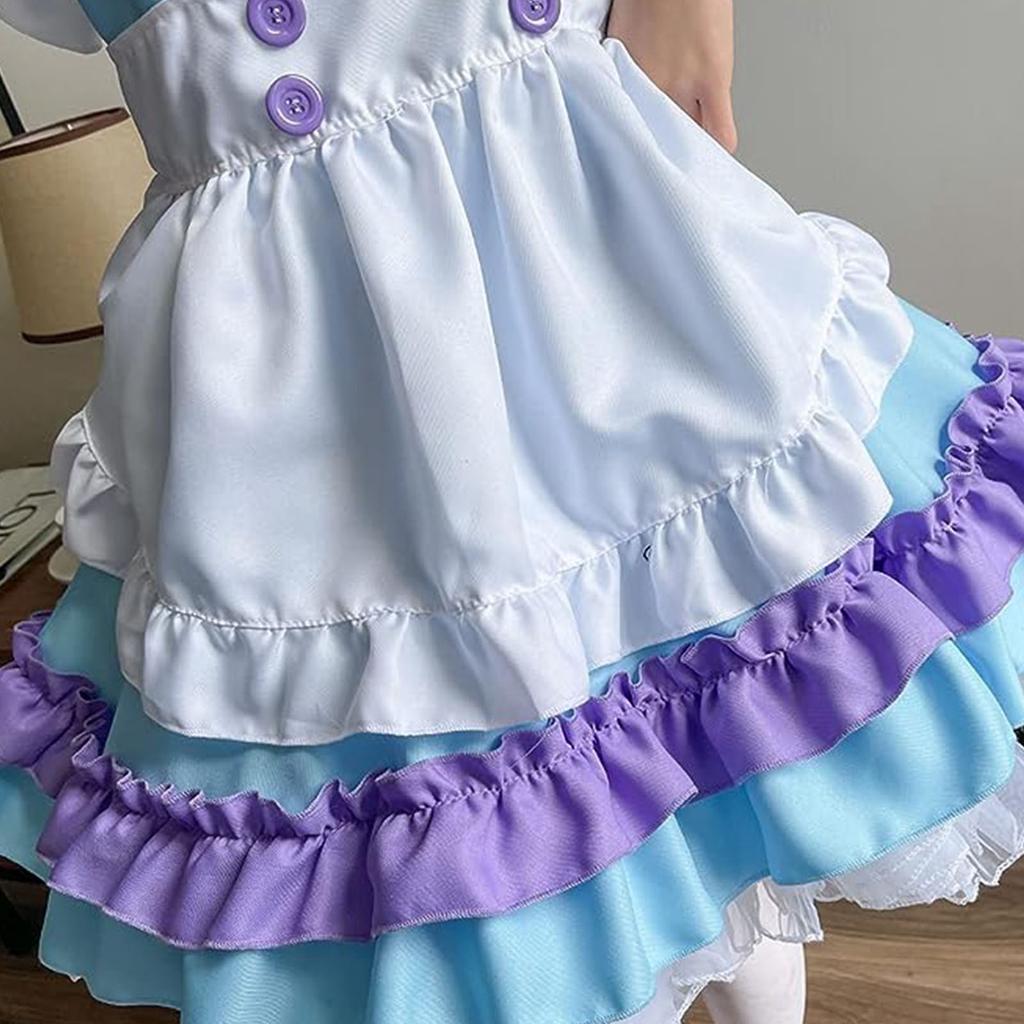 Cute Maid Dress Short Sleeve Sweet Maid Outfit with Apron Big Bow Headwear for Party Blue Purple M