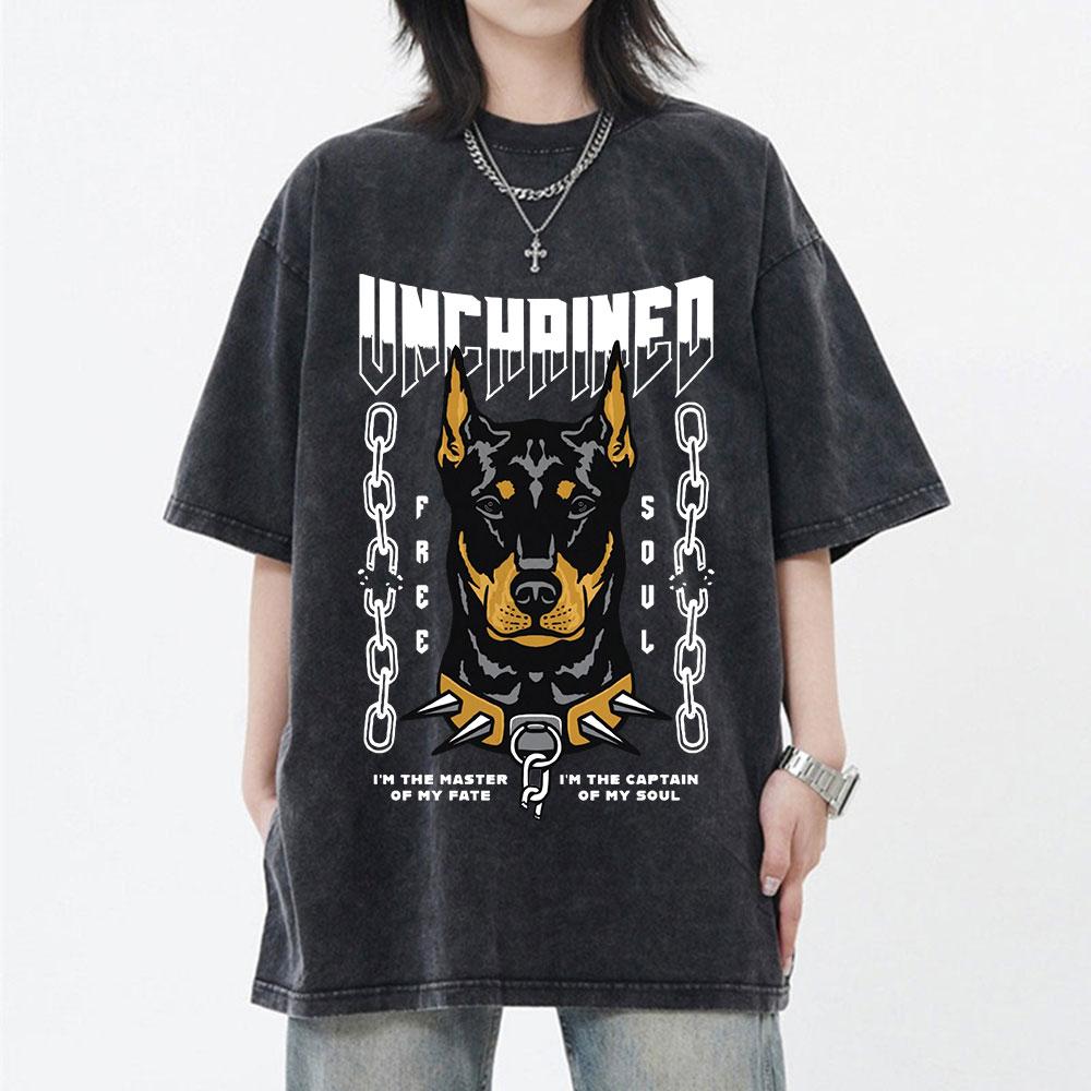 Men Washed T Shirt Oversized Streetwear Hip Hop Doberman Dog Graphic T-shirt Vintage Distressed Cotton Short Sleeve T-shirts