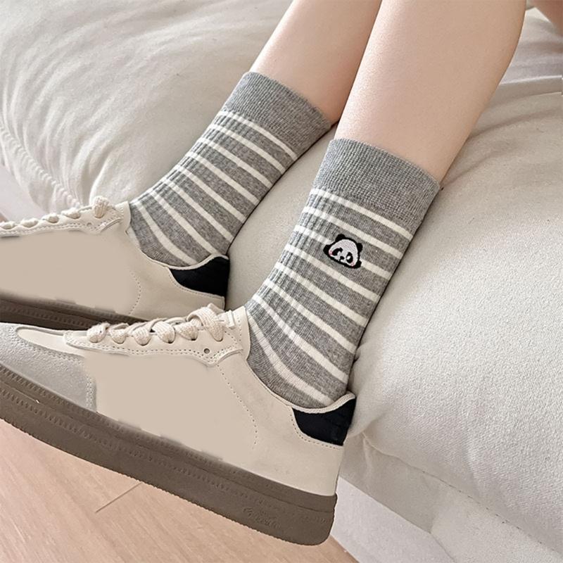 Striped Cotton Crew Socks with Cute Panda Embroidery for Women and Teens Korean Preppy Student Middle Tube Socks Hosiery