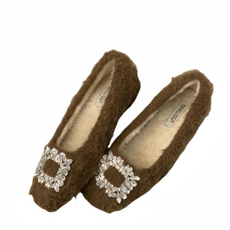 2025 Autumn and Winter New French Gentle Flat-bottomed Fluffy Women's Shoes Fairy Wind One Pedal Velvet Warm Ladyshoes Versatile