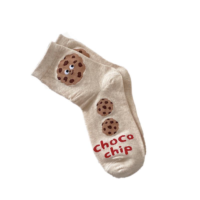 Korean Women's Mid-Calf Socks - Cute Pizza, Cookie, Cheese Biscuit Cartoon Design