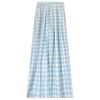 Women's High Waist Blue Plaid Wide-Leg Pants - Petite, Loose-Fit, Casual Summer Style