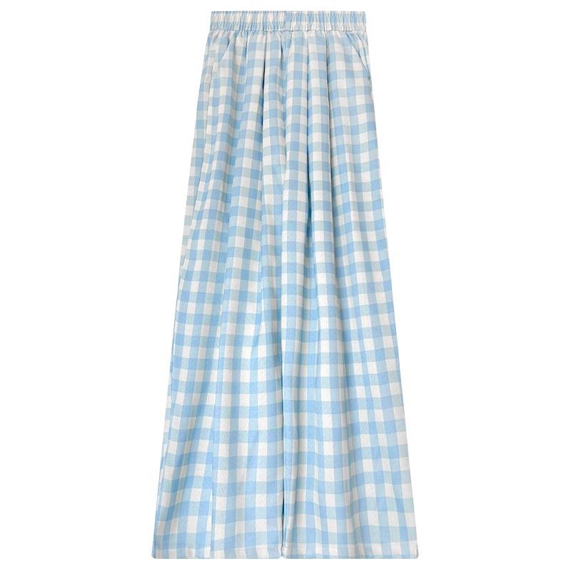 Women's High Waist Blue Plaid Wide-Leg Pants - Petite, Loose-Fit, Casual Summer Style