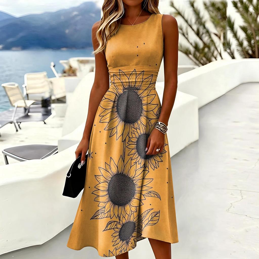 Sleeveless Casual Midi Dress with Round Neckline and Leaf Print Pattern for Women Summer Lightweight Comfortable Fit
