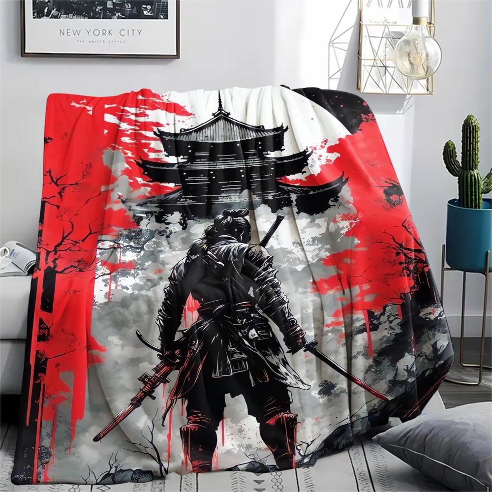 1Pc Japanese Samurai Print Flannel Blanket, High quality Comfortable for All Seasons, Home Decor, Warmth and Comfort, Perfect for Christmas Gifts
