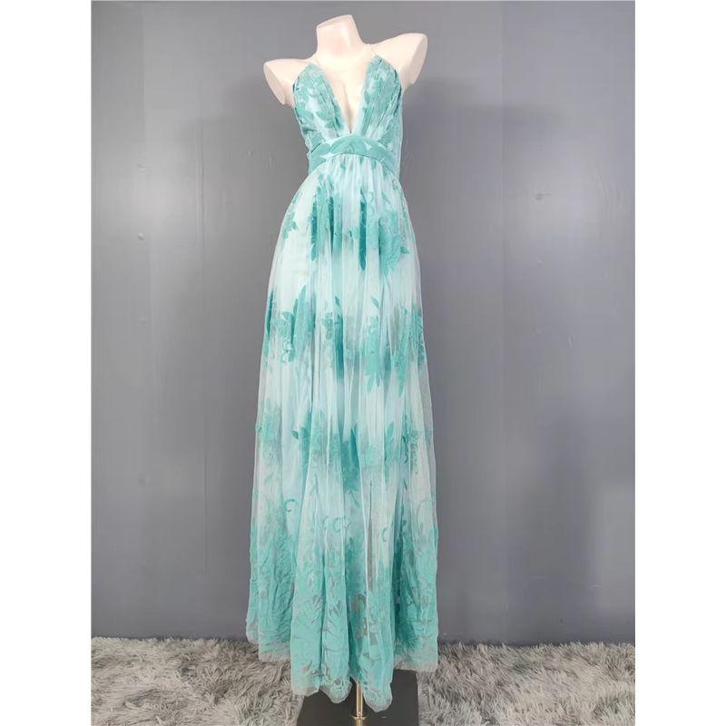 Export Single 2024 Autumn New Arrival Classy Mesh Flocking Deep V Socialite Host Banquet Party Dress Dress