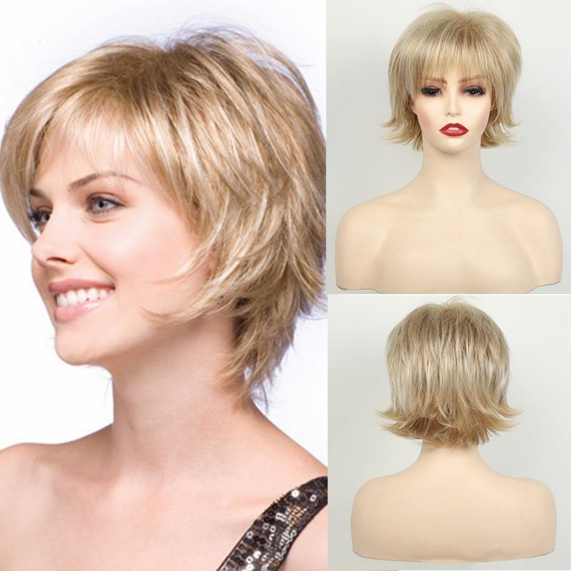 Synthetic Natural Blonde Wigs Short Bob Hair Daily Party Wig for Women Natural Wave Style Mommy Wig with Bangs Elegant Female