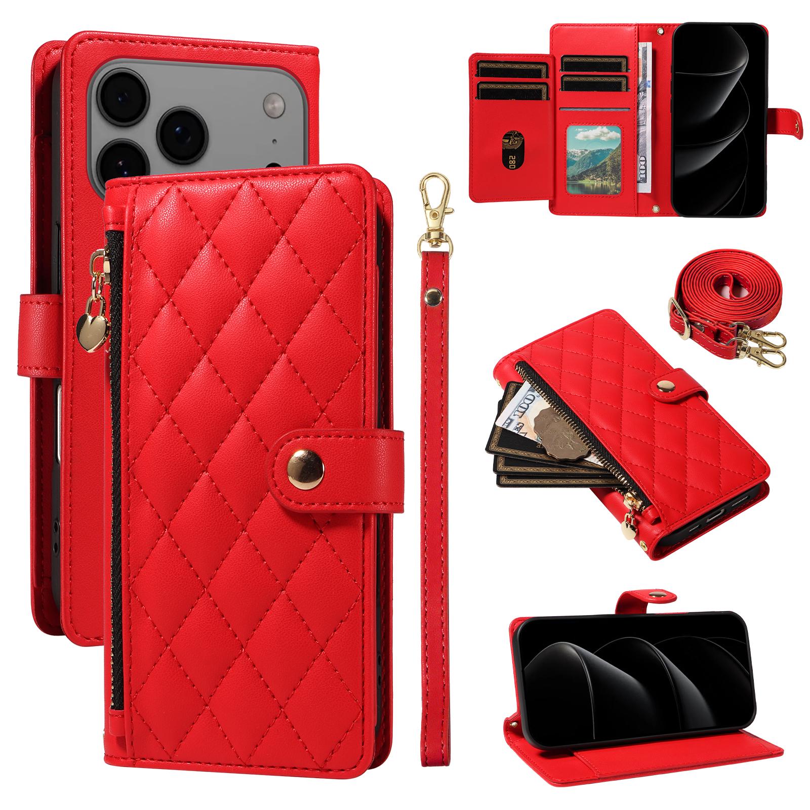 

For iPhone 17 Pro Max Wallet Case with Straps,Rhombus Leather Stand Phone Cover Red