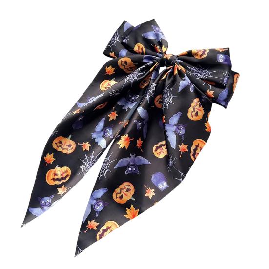 Decorative Halloween Hair Clip Silky Satin Bows for Women, Big Ribbon Bow Clips Girls, Hairstyle Accessory Oversized Long Tail Barrettes, Cute