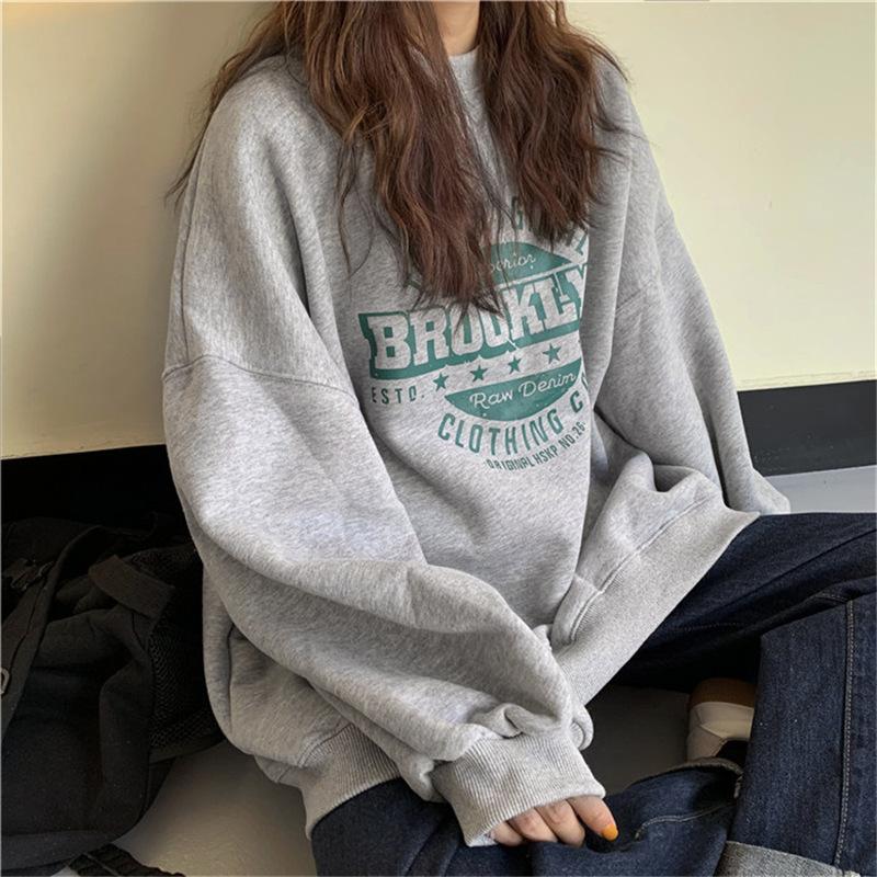 Womens Autumn Korean Letter Print Round Neck Loose Women Hoodie Top