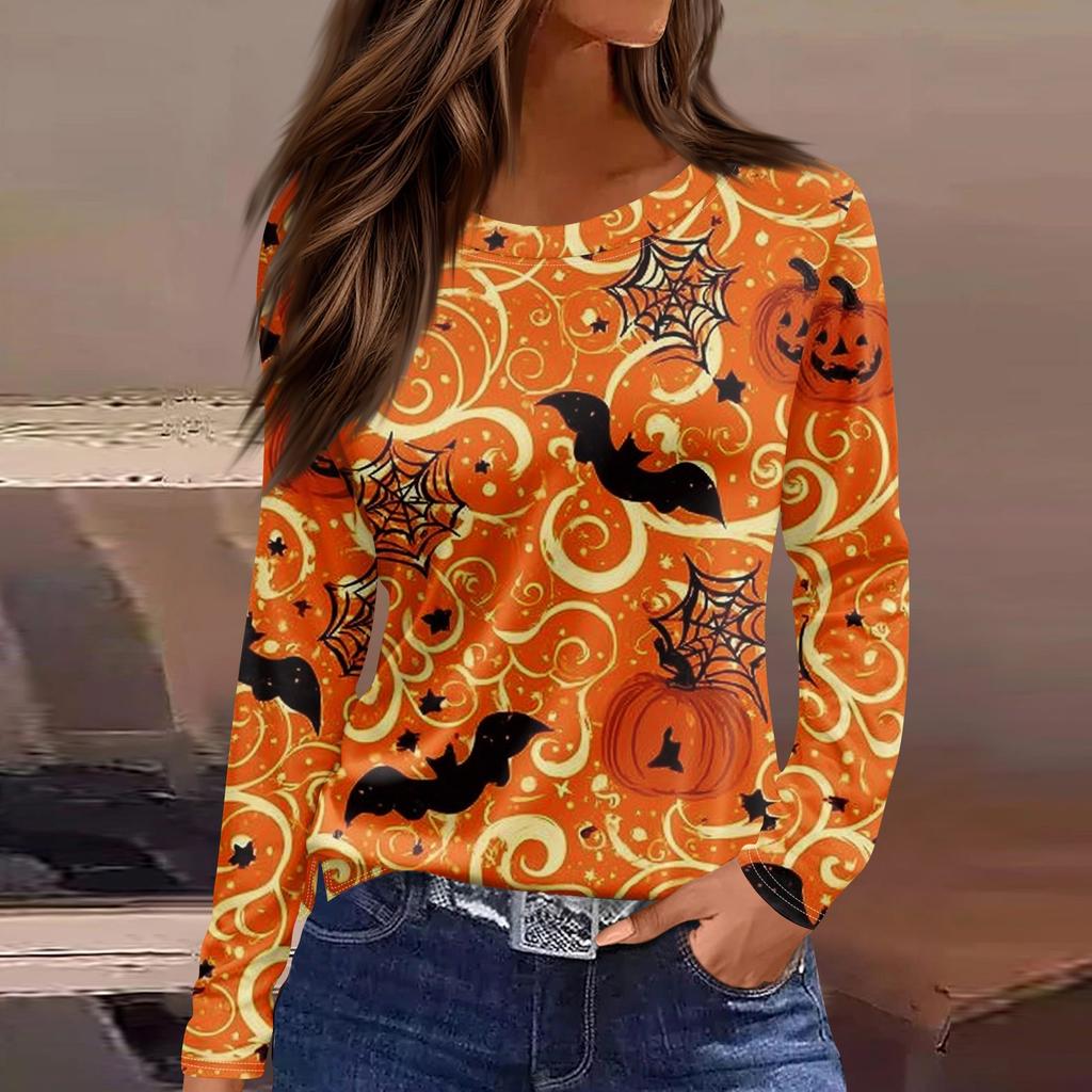 Women's Fashion Hem Slit Casual Halloween Printed Round Neck Long Sleeve Top