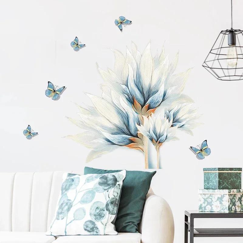 Watercolor Blue Flowers And Butterfly Wall Stickers For Living Room Bedroom Wall Decals Wardrobe Stickers PVC Removable Poster