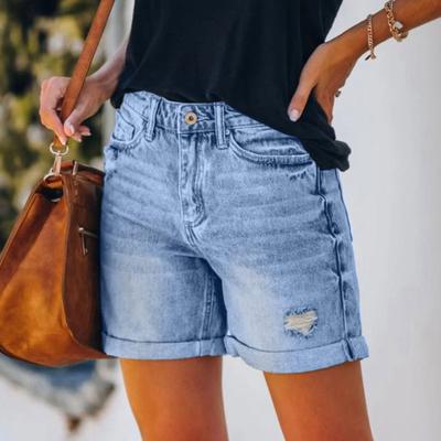 Damen Denim Shorts High Waist Zerrissen Aufgekrempelt Jeansshorts Sommer Distressed Stretch Hotpants