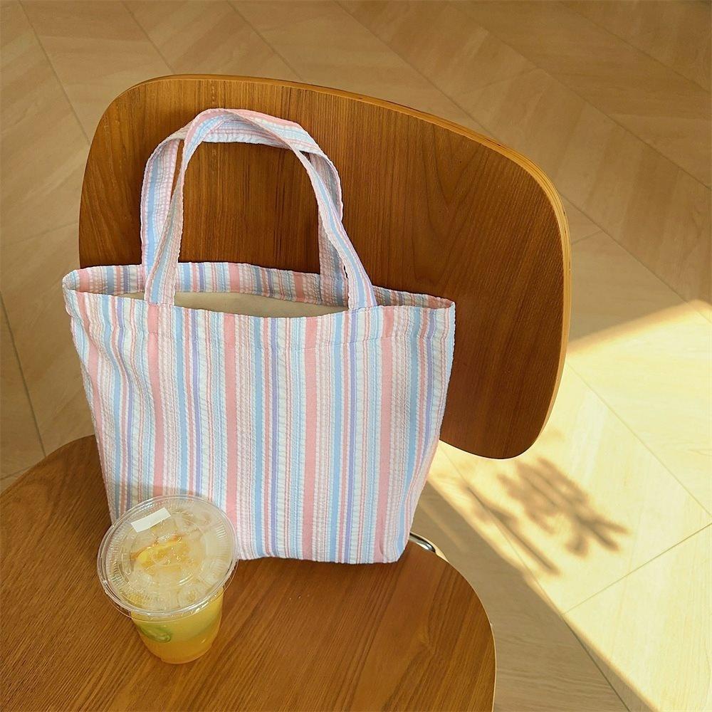 Stylish Canvas Tote Bag With Pleated Stripes Spacious Mommy Bag For Daily Use In Yellow Pink And Blue