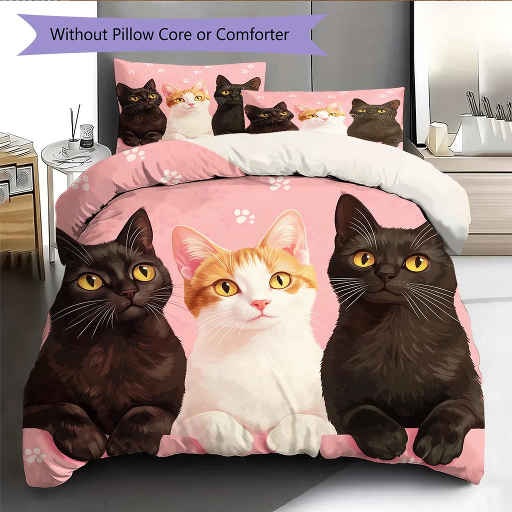 Pink Bombay Cat Pattern Bedding Home Decoration Birthday Gift (1 * Duvet Cover + 2 * Pillowcase, Without Core)