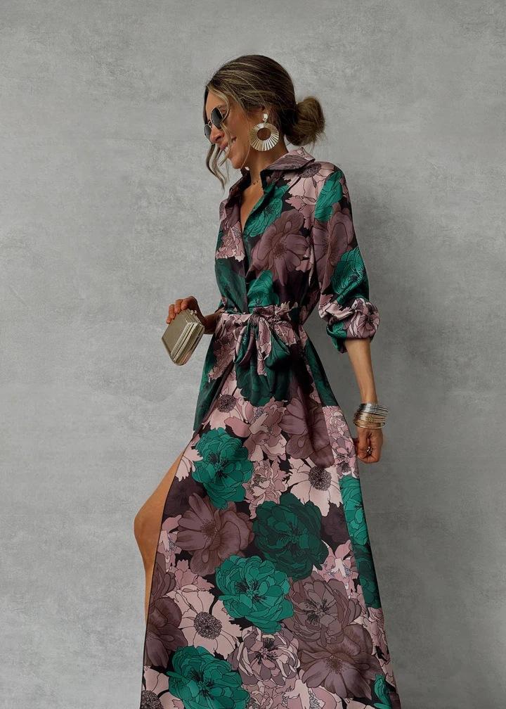 2026 new long-sleeved long dress ins Internet celebrity print waist lace-up long-sleeved dress S