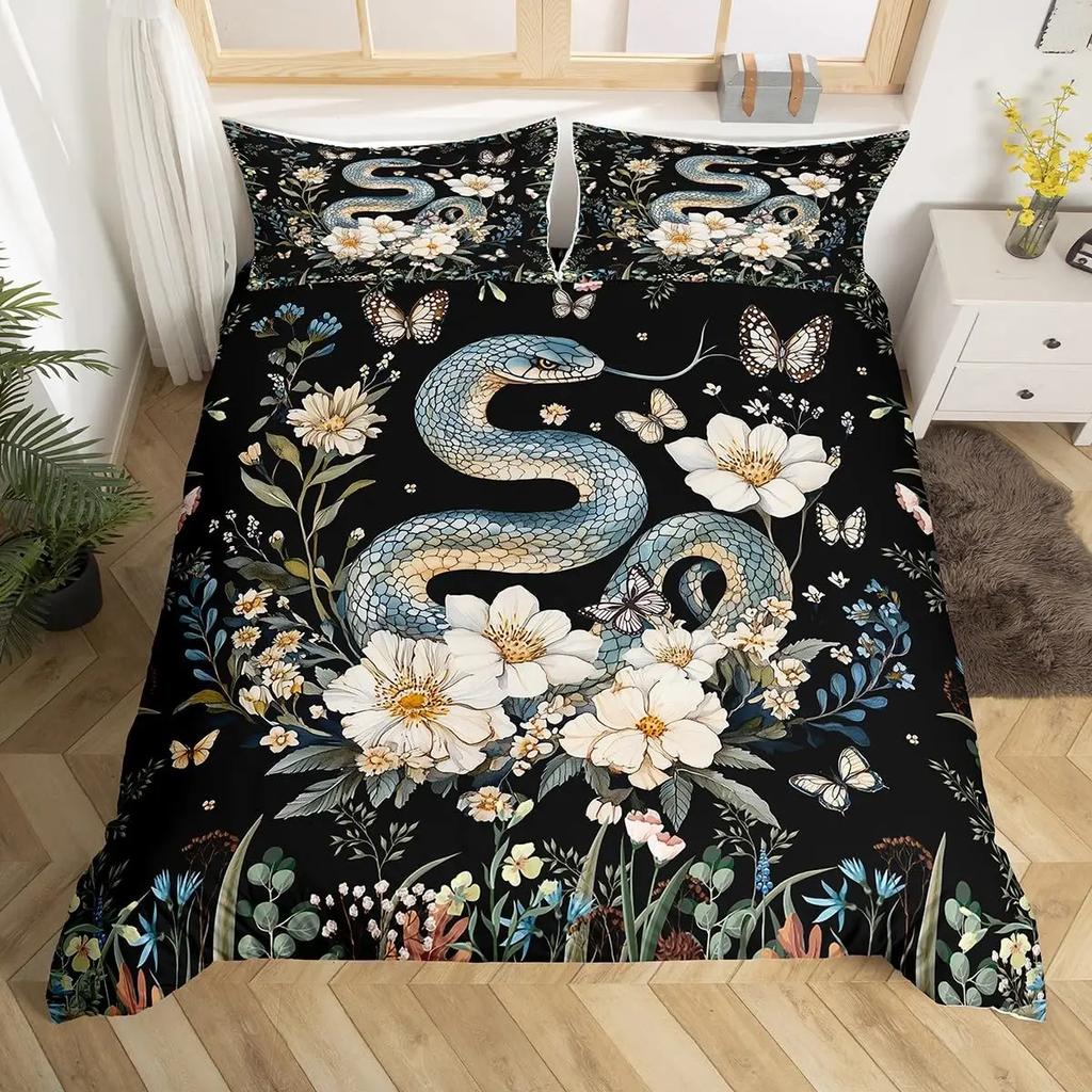 Snake Warm Comforter Cover Set for Children Kids Young Boys Tens Snake Soft Duvet Cover Reptile Print Beding Set Animal Comfortable Quilt Cover Beding