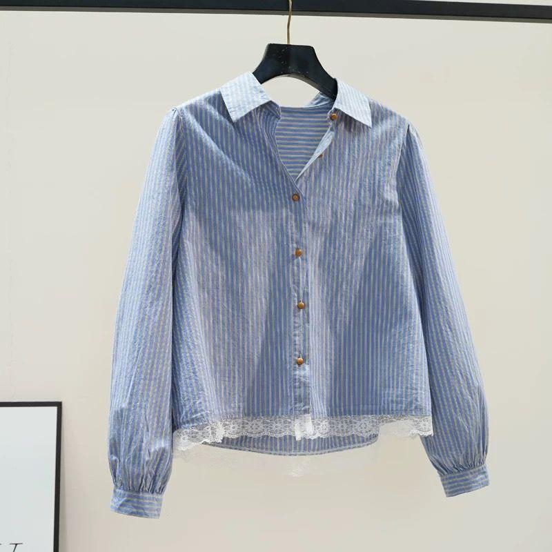Lace Striped Shirt Women's Korean Style Loose Shirt Top