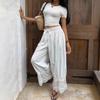 White Wide Leg Pants with Lace Trim Hem