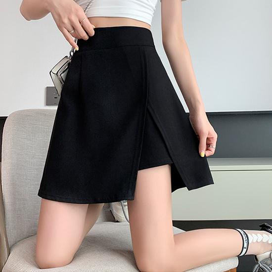 Polodlouhá sukně skládaná sukně, letní dámská sukně v áčkovém střihu, štíhlá a mírně baculatá, rozdělená krátká sukně, velký pas s vysokým pasem, černé zabalené hýždě