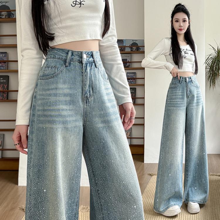 Women Korean Style Wide Leg Pants with All Star Rhinestones Fashionable and Versatile Floor Length Trousers