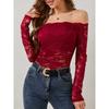 Pure Desire Spice One Line Neck Lace Top Women's New Sexy Slim V-neck with Elegant Off-the-shoulder Long Sleeve T-shirt