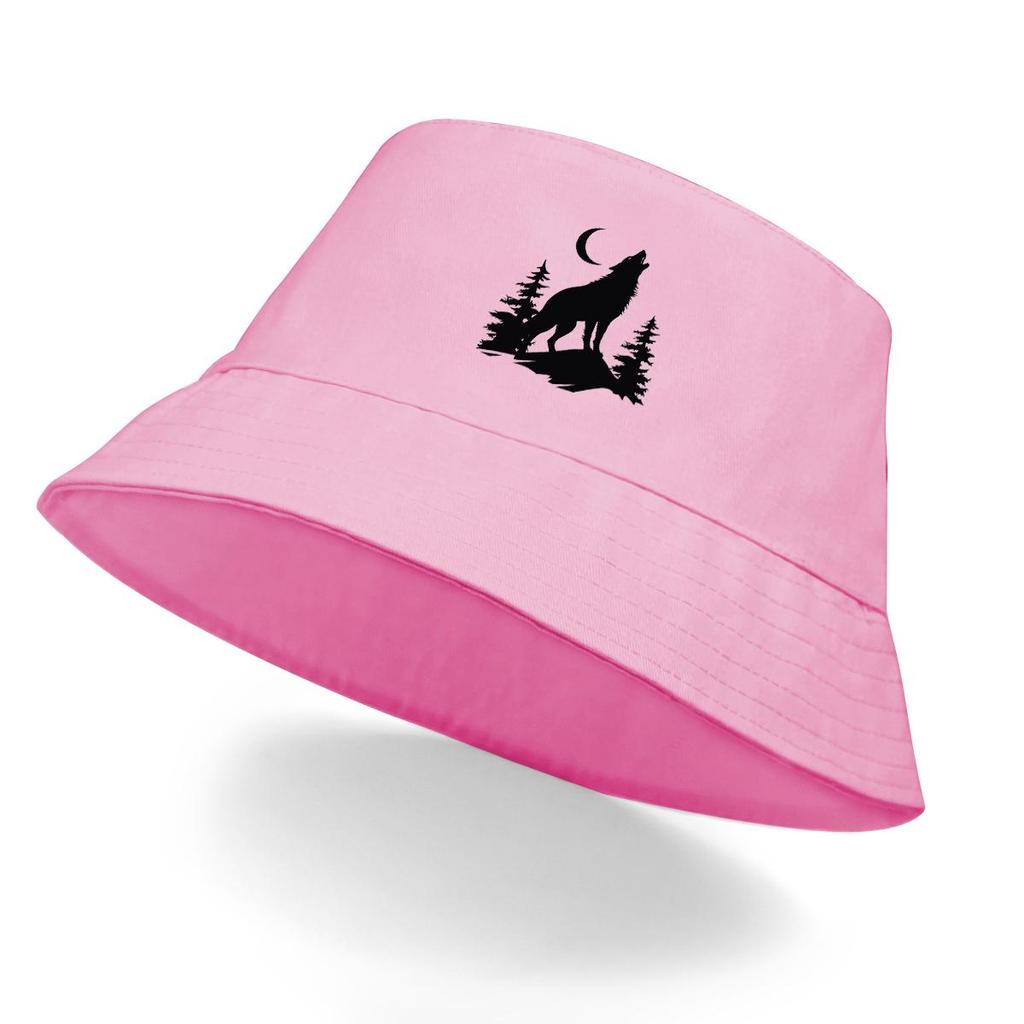 Svart Varg och Måne Tryck Bucket Hat , Skogsdjur Herrkeps Vikbar Godisfärg Mode Bassänghatt