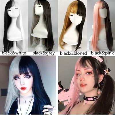 Japan Anime Cute Long Wavy Black Mixed Color Pink Cosplay Lolita Wig (Only Wig)