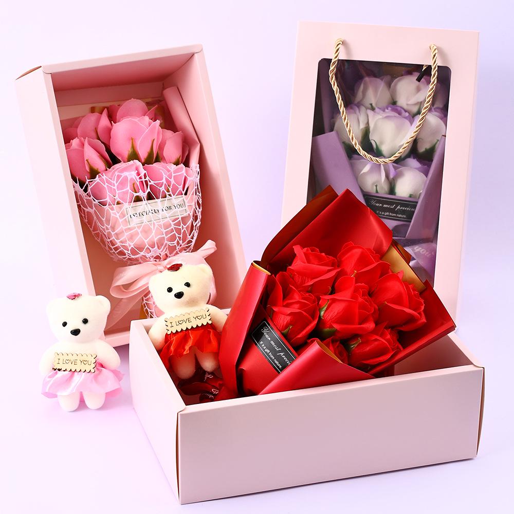 Qixi Valentine Gift Set: Soap Rose Bouquet with Teddy Bear