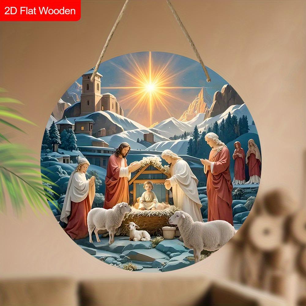 Semn de Crăciun din Lemn Nașterea Domnului - Ornamente Unice cu Figurine cu Model Isus - Ideal pentru Ușa din Față, Curte, Pridvor, Decor Cameră