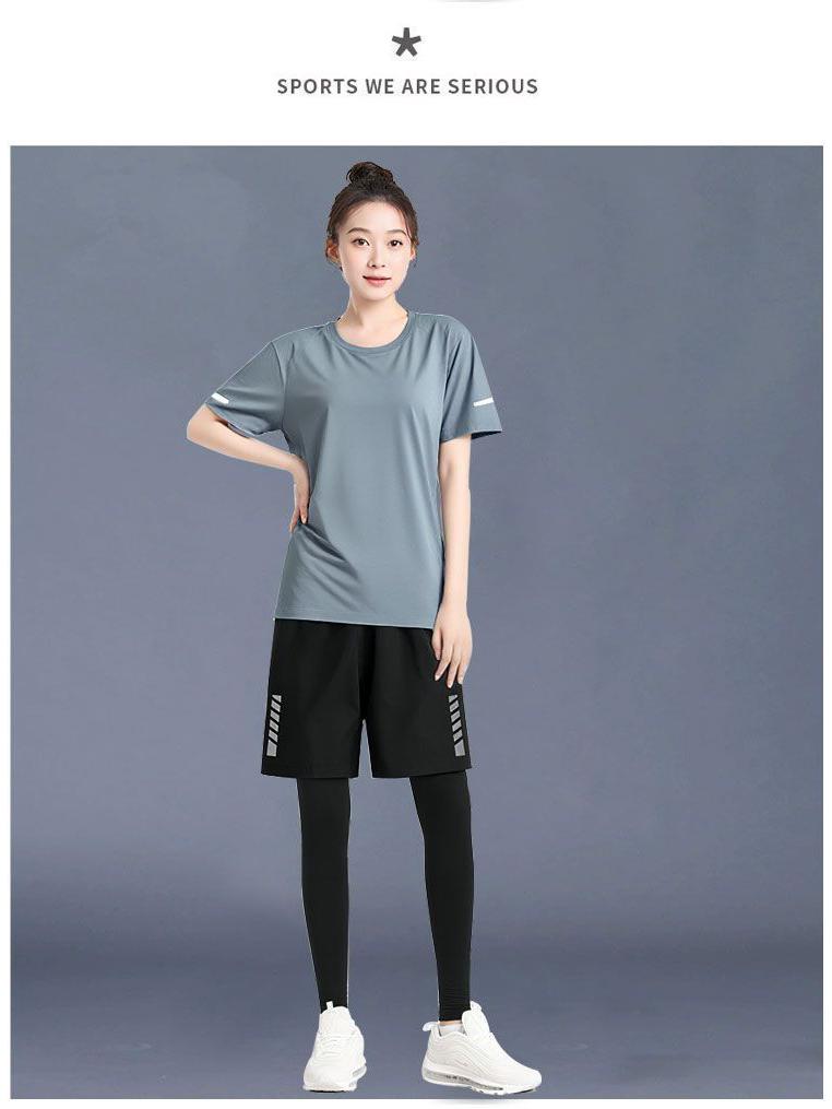 Dámská rychleschnoucí sada pro cyklistiku a běh ve větší velikosti z ledového hedvábí s topem s krátkým rukávem a legínami