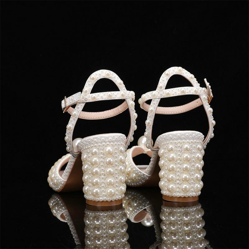 Fashion Sweet Handmade Pearl Stiletto Line With Shallow Cut Party Wedding Shoes Thick Heels High Heels For Women