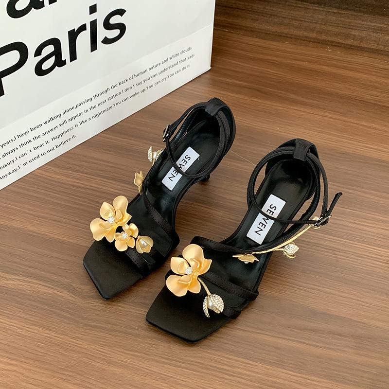 Fashion Socialite Golden Orchid Ribbon Square Head High Heels With Thin Water Drop With Fashion Party Daily All-In-One Sandals For Women