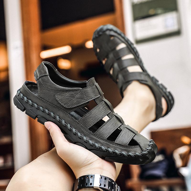 Summer Men's Leather Shoes Male Sandals Handmade Hollow Flats Quick Dry Wading Shoes