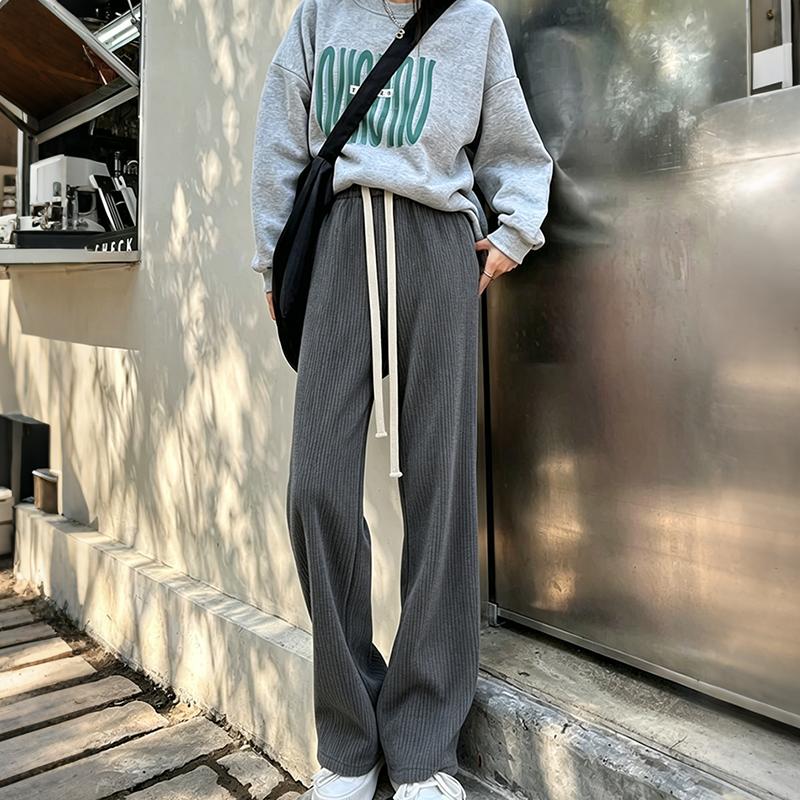 Women Wide Leg Pants High Waisted Casual Loose Fit Ribbed Knit Trousers with Drawstring