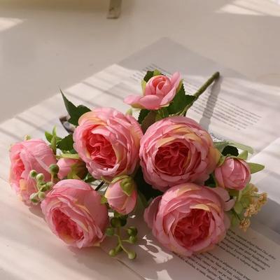 30cm Rosarosa Silkesbukett Pion Konstgjord Blomma 5 Stora Huvuden 4 Små Knoppar Brud Bröllop Hemdekoration Konstgjord Blomma
