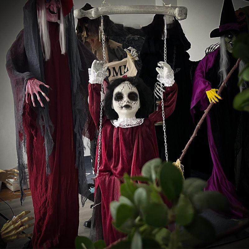Halloween Hanging Swinging Skeleton Couple & Doll Girl Creepy Grim Reaper with Sound & Light Up Eyes Haunted House Decorations