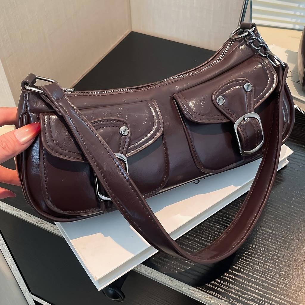 Stylish Women's Crossbody Bag Elegant Black Steampunk Shoulder Purse Zip Closure & Decorative Buckles Fashion Accessory Crossbody Purse