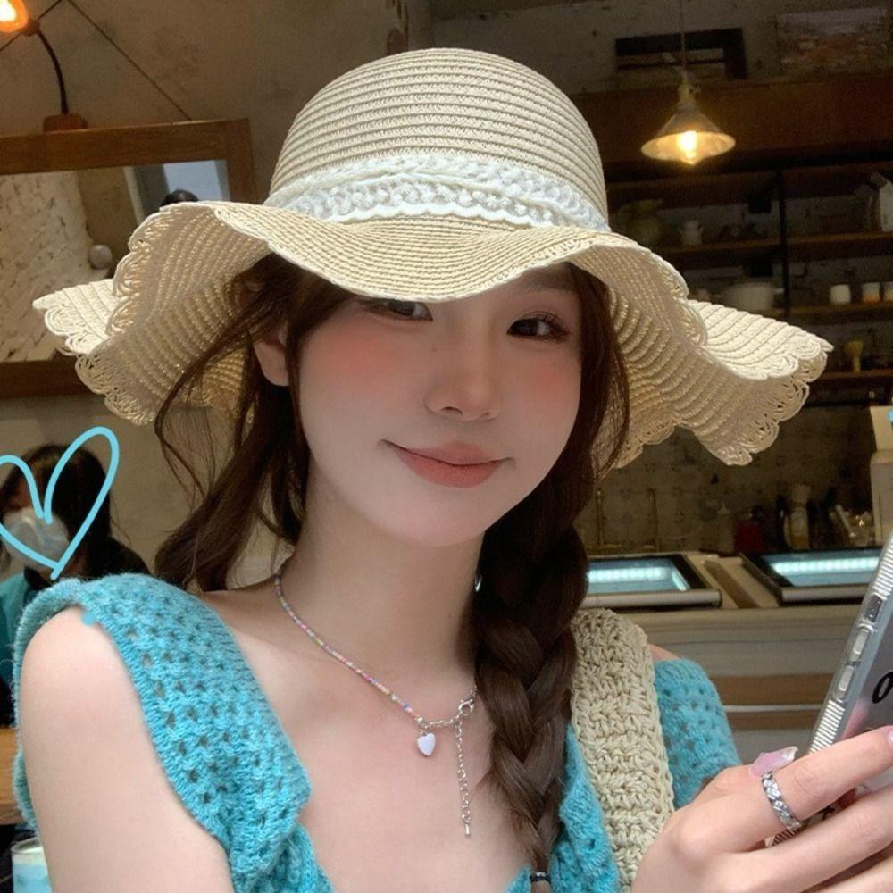 French Style Lace Bow Straw Hat Big Brim Women's Sun Hat Elegant Beach Straw Hat  Girls