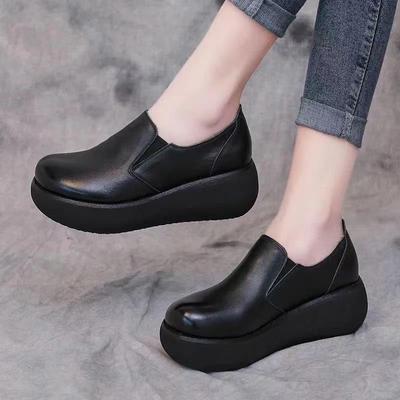 Spring and Summer Retro Round Head Heightening Muffin Shoes Women's Platform Single Shoes One Pedal Casual Soft-soled Lazy Leather Shoes