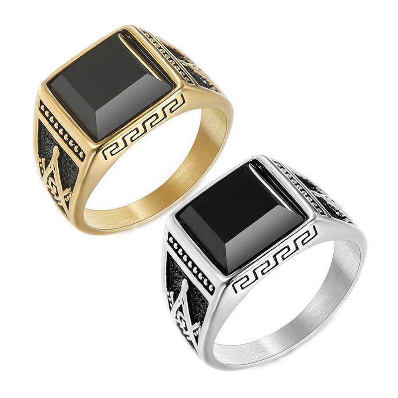 Men's Classic Retro Freemason Ring: Gold-Plated Black Agate on Titanium Steel