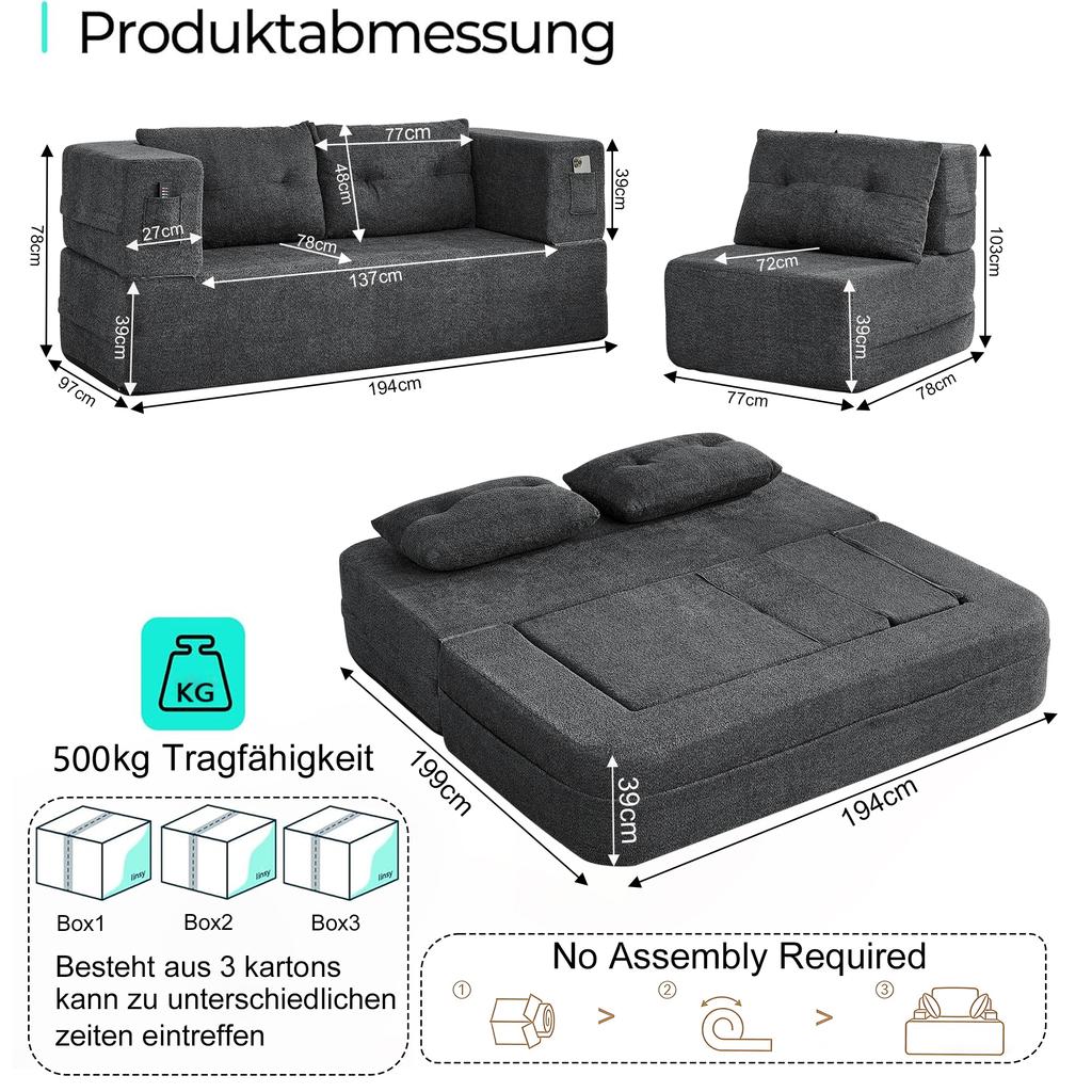 Modular Cloud Sofa with Armchair, Foldable Sleeper, Guest Bed & Floor Sofa, Convertible Sofa with Pockets for Phone and Remote Control, Light Gray