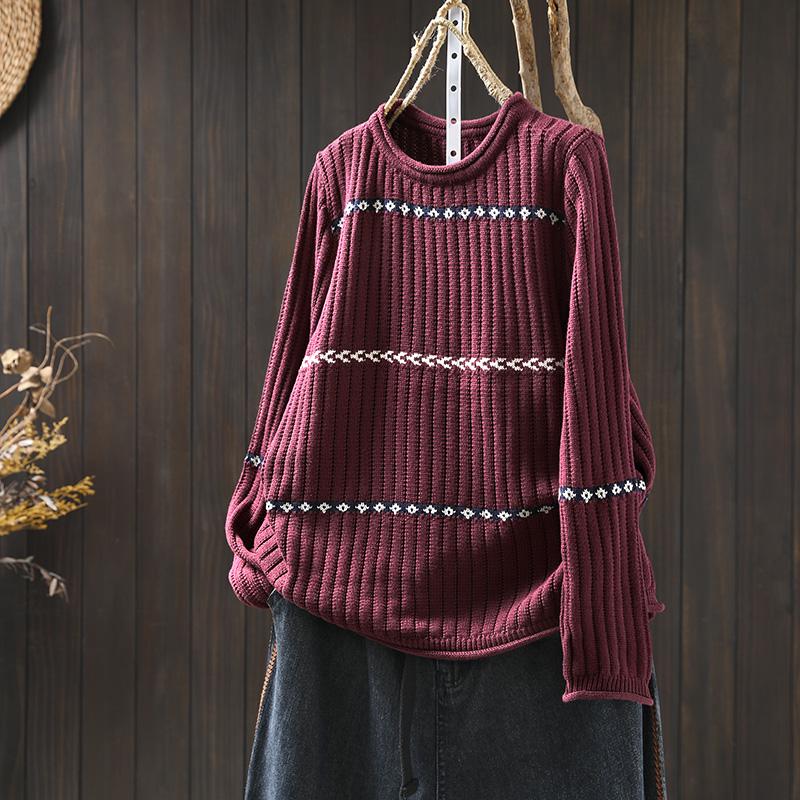 Women's Retro Striped Jacquard Knit Sweater - Loose Fit, Plus Size, Cozy Autumn/Winter Pullover