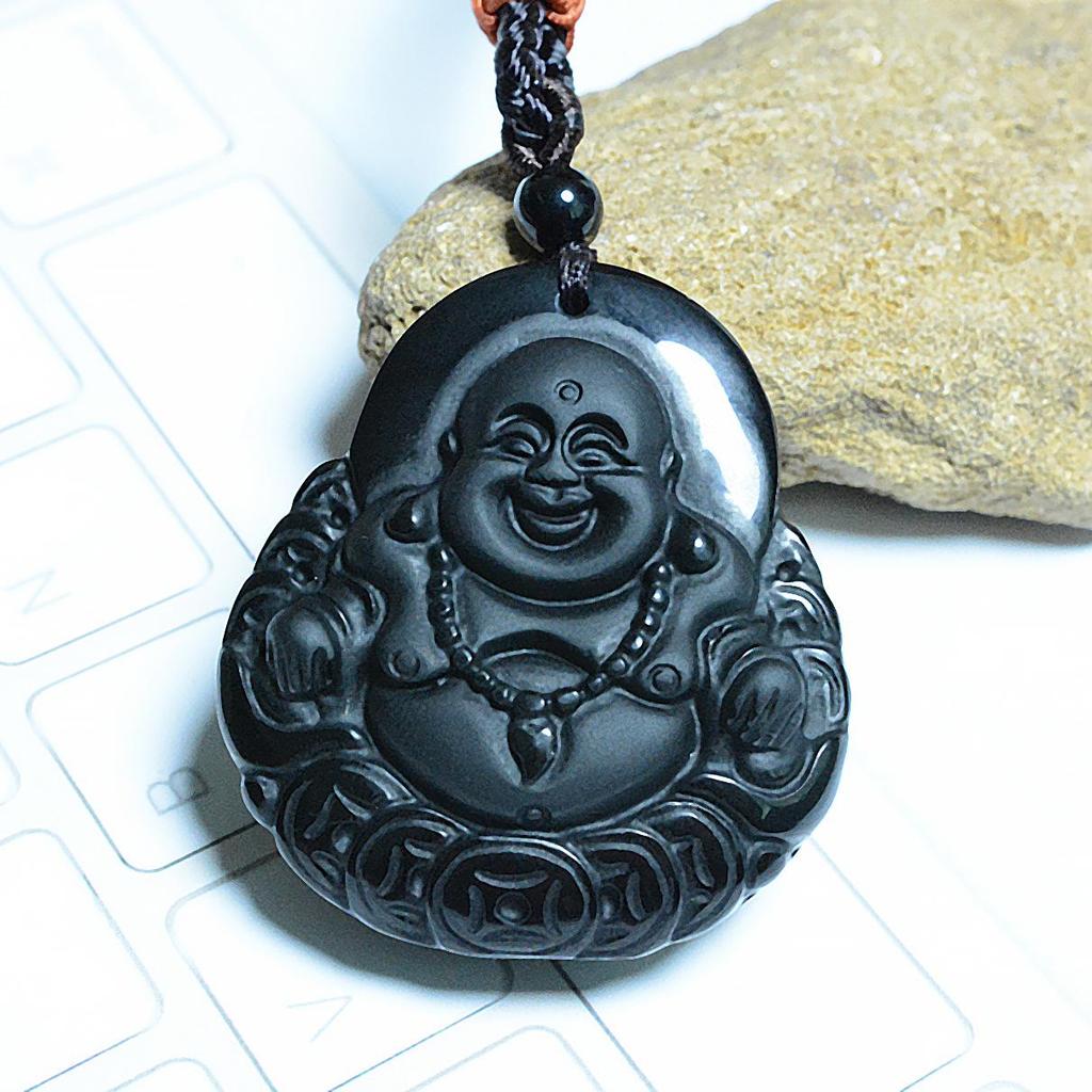 Crystal Obsidian Laughing Buddha Pendant Necklace with Beads