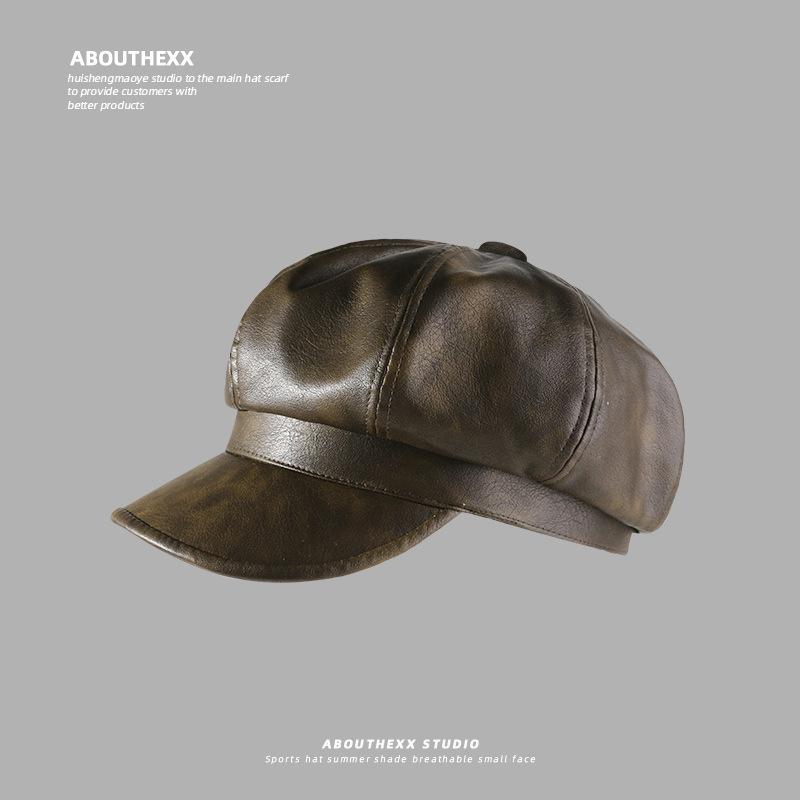 New Octagonal Hat for Women British Retro PU Leather Beret Showing Face Small Autumn and Winter Painter Hat Versatile Newsboy Hat
