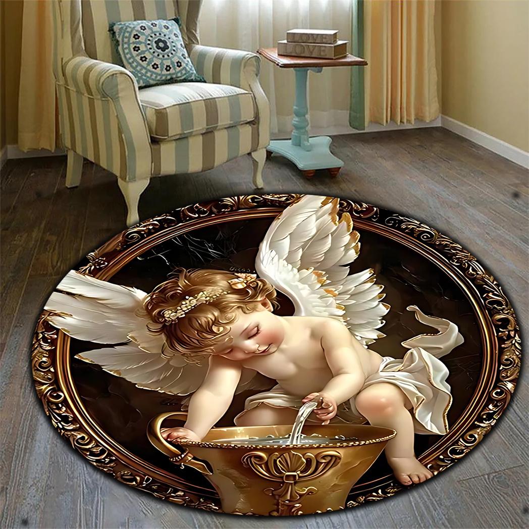 

Angel Round Rug - White Winged Design, Washable Leisure Mat for Living Room, Bedroom & Garden Decor 60cm